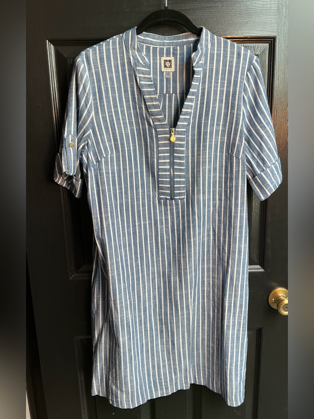 Anne Klein Blue and White Striped Short-Sleeve Dress